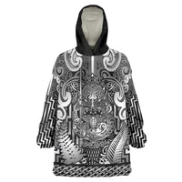 Custom New Zealand Taiaha Maori Wearable Blanket Hoodie Kiwikiwi Minimalist Silver Fern Tukutuku Motif