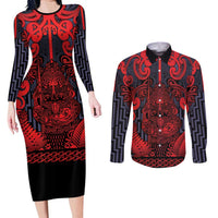 Custom New Zealand Taiaha Maori Couples Matching Long Sleeve Bodycon Dress and Long Sleeve Button Shirt Whero Minimalist Silver Fern Tukutuku Motif