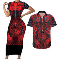 Custom New Zealand Taiaha Maori Couples Matching Short Sleeve Bodycon Dress and Hawaiian Shirt Whero Minimalist Silver Fern Tukutuku Motif