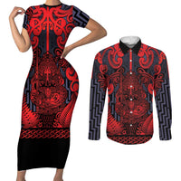 Custom New Zealand Taiaha Maori Couples Matching Short Sleeve Bodycon Dress and Long Sleeve Button Shirt Whero Minimalist Silver Fern Tukutuku Motif