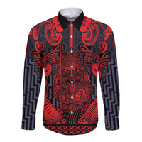 Custom New Zealand Taiaha Maori Long Sleeve Button Shirt Whero Minimalist Silver Fern Tukutuku Motif
