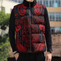 Custom New Zealand Taiaha Maori Sleeveless Puffer Jacket Whero Minimalist Silver Fern Tukutuku Motif