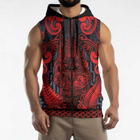 Custom New Zealand Taiaha Maori Sleeveless Zip Hoodie Whero Minimalist Silver Fern Tukutuku Motif