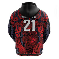 Custom New Zealand Taiaha Maori Zip Hoodie Whero Minimalist Silver Fern Tukutuku Motif