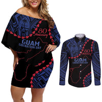 Personalized Guam 80th Anniversary Liberation Day Couples Matching Off Shoulder Short Dress and Long Sleeve Button Shirt Guahan Basic Seal LT9 Black - Polynesian Pride