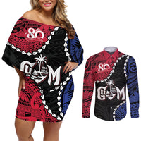 Personalized Guam 80th Anniversary Liberation Day Couples Matching Off Shoulder Short Dress and Long Sleeve Button Shirt Tano I Man Chamoru Since 1944 LT9 Black - Polynesian Pride