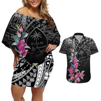 Guahan Puti Tai Nobiu Couples Matching Off Shoulder Short Dress and Hawaiian Shirt Guam Bougainvillea Flower Art LT9 Black - Polynesian Pride