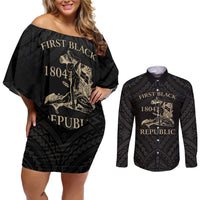 Personalized Haiti First Black Republic Couples Matching Off Shoulder Short Dress and Long Sleeve Button Shirt Negre Marron With Map And Flag LT9 Black - Polynesian Pride