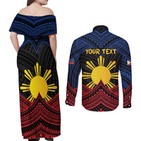 Personalized Philippines Couples Matching Off Shoulder Maxi Dress and Long Sleeve Button Shirt Polynesian Tribal Tattoo with Filipino Flag Motif