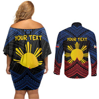 Personalized Philippines Couples Matching Off Shoulder Short Dress and Long Sleeve Button Shirt Polynesian Tribal Tattoo with Filipino Flag Motif