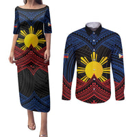 Personalized Philippines Couples Matching Puletasi and Long Sleeve Button Shirt Polynesian Tribal Tattoo with Filipino Flag Motif
