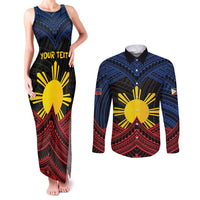 Personalized Philippines Couples Matching Tank Maxi Dress and Long Sleeve Button Shirt Polynesian Tribal Tattoo with Filipino Flag Motif