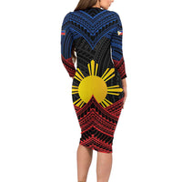 Personalized Philippines Family Matching Long Sleeve Bodycon Dress and Hawaiian Shirt Polynesian Tribal Tattoo with Filipino Flag Motif
