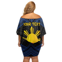 Personalized Philippines Off Shoulder Short Dress Polynesian Tribal Tattoo with Filipino Flag Motif