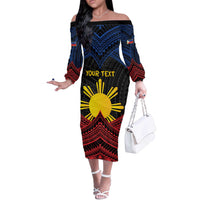Personalized Philippines Off The Shoulder Long Sleeve Dress Polynesian Tribal Tattoo with Filipino Flag Motif