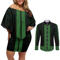 New Zealand Maori Kowhaiwhai Couples Matching Off Shoulder Short Dress and Long Sleeve Button Shirt Kakariki Maui and Mangopare