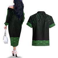 New Zealand Maori Kowhaiwhai Couples Matching Off The Shoulder Long Sleeve Dress and Hawaiian Shirt Kakariki Maui and Mangopare