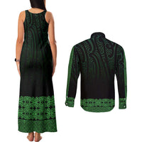 New Zealand Maori Kowhaiwhai Couples Matching Tank Maxi Dress and Long Sleeve Button Shirt Kakariki Maui and Mangopare