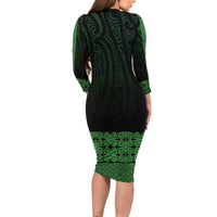 New Zealand Maori Kowhaiwhai Long Sleeve Bodycon Dress Kakariki Maui and Mangopare