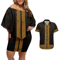 New Zealand Maori Kowhaiwhai Couples Matching Off Shoulder Short Dress and Hawaiian Shirt Karaka Maui and Mangopare