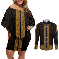 New Zealand Maori Kowhaiwhai Couples Matching Off Shoulder Short Dress and Long Sleeve Button Shirt Karaka Maui and Mangopare