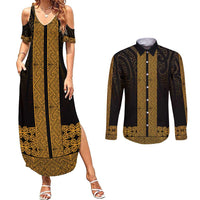 New Zealand Maori Kowhaiwhai Couples Matching Summer Maxi Dress and Long Sleeve Button Shirt Karaka Maui and Mangopare