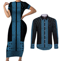 New Zealand Maori Kowhaiwhai Couples Matching Short Sleeve Bodycon Dress and Long Sleeve Button Shirt Kikorangi Maui and Mangopare