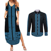 New Zealand Maori Kowhaiwhai Couples Matching Summer Maxi Dress and Long Sleeve Button Shirt Kikorangi Maui and Mangopare