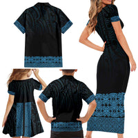 New Zealand Maori Kowhaiwhai Family Matching Short Sleeve Bodycon Dress and Hawaiian Shirt Kikorangi Maui and Mangopare