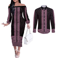 New Zealand Maori Kowhaiwhai Couples Matching Off The Shoulder Long Sleeve Dress and Long Sleeve Button Shirt Mawhero Maui and Mangopare