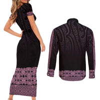 New Zealand Maori Kowhaiwhai Couples Matching Short Sleeve Bodycon Dress and Long Sleeve Button Shirt Mawhero Maui and Mangopare
