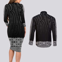 New Zealand Maori Kowhaiwhai Couples Matching Long Sleeve Bodycon Dress and Long Sleeve Button Shirt Pango Maui and Mangopare