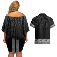 New Zealand Maori Kowhaiwhai Couples Matching Off Shoulder Short Dress and Hawaiian Shirt Pango Maui and Mangopare