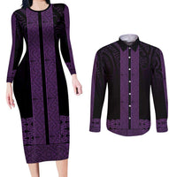 New Zealand Maori Kowhaiwhai Couples Matching Long Sleeve Bodycon Dress and Long Sleeve Button Shirt Waiporoporo Maui and Mangopare