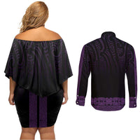 New Zealand Maori Kowhaiwhai Couples Matching Off Shoulder Short Dress and Long Sleeve Button Shirt Waiporoporo Maui and Mangopare
