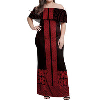 New Zealand Maori Kowhaiwhai Off Shoulder Maxi Dress Whero Maui and Mangopare