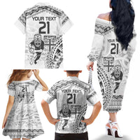 Custom Fiji Black Fern Family Matching Off The Shoulder Long Sleeve Dress and Hawaiian Shirt Maori Warroir with Fijian Masi Pattern