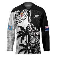Fiji New Zealand Rugby Personalised Hockey Jersey Maori and Tapa Pattern LT9 Unisex Black - Polynesian Pride
