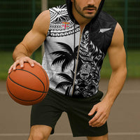 Fiji New Zealand Rugby Personalised Sleeveless Zip Hoodie Maori and Tapa Pattern - Polynesian Pride