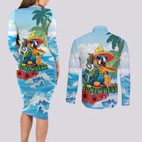 Funny Parrot Margarita Five O'clock Somewhere Couples Matching Long Sleeve Bodycon Dress and Long Sleeve Button Shirt