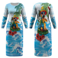 Funny Parrot Margarita Five O'clock Somewhere Family Matching Long Sleeve Bodycon Dress and Hawaiian Shirt LT9 Mom's Dress Blue - Polynesian Pride