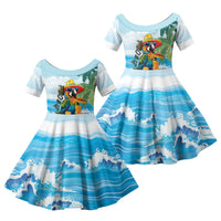 Funny Parrot Margarita Five O'clock Somewhere Family Matching Off Shoulder Maxi Dress and Hawaiian Shirt LT9 Daughter's Dress Blue - Polynesian Pride