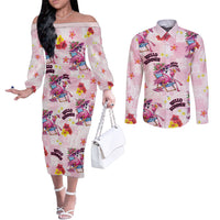 Hawaii Flamingo Hello Summer Couples Matching Off The Shoulder Long Sleeve Dress and Long Sleeve Button Shirt Hawaiian Quilt Pattern