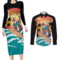 Vintage Santa Claus Surfing Summer Couples Matching Long Sleeve Bodycon Dress and Long Sleeve Button Shirt Mele Kalikimaka i Iulai!