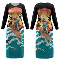 Vintage Santa Claus Surfing Summer Couples Matching Long Sleeve Bodycon Dress and Long Sleeve Button Shirt Mele Kalikimaka i Iulai! LT9 - Polynesian Pride
