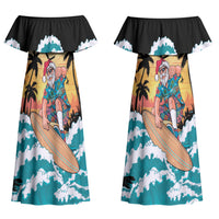 Vintage Santa Claus Surfing Summer Couples Matching Off Shoulder Maxi Dress and Long Sleeve Button Shirt Mele Kalikimaka i Iulai! LT9 - Polynesian Pride