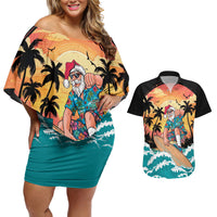 Vintage Santa Claus Surfing Summer Couples Matching Off Shoulder Short Dress and Hawaiian Shirt Mele Kalikimaka i Iulai!