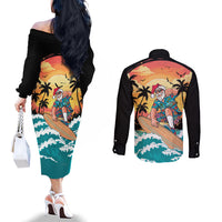 Vintage Santa Claus Surfing Summer Couples Matching Off The Shoulder Long Sleeve Dress and Long Sleeve Button Shirt Mele Kalikimaka i Iulai!