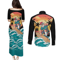Vintage Santa Claus Surfing Summer Couples Matching Puletasi and Long Sleeve Button Shirt Mele Kalikimaka i Iulai!