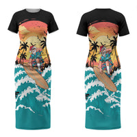 Vintage Santa Claus Surfing Summer Couples Matching Short Sleeve Bodycon Dress and Long Sleeve Button Shirt Mele Kalikimaka i Iulai! LT9 - Polynesian Pride